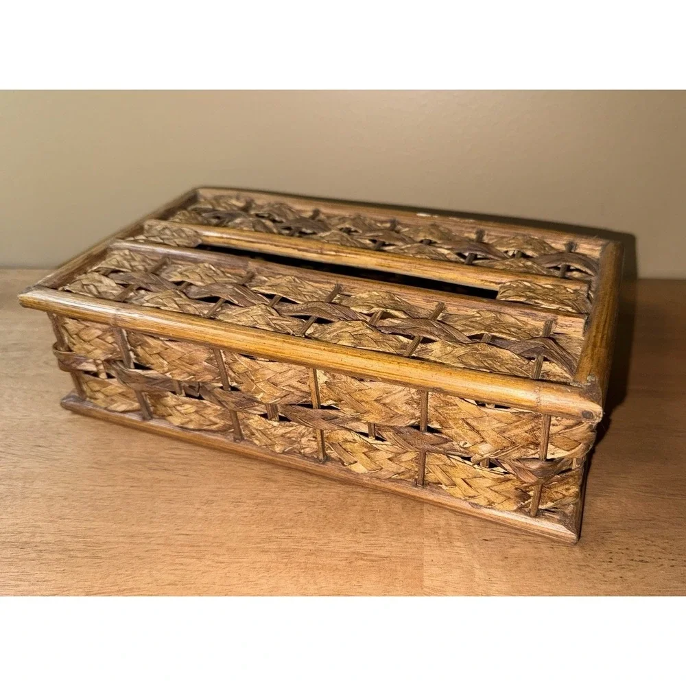 Vintage Woven Wicker Bamboo Tissue Box Cover Rectangular Boho Rattan Holder